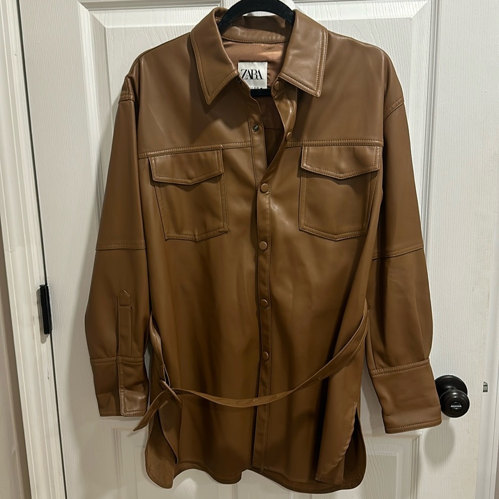 Zara Faux leather belted shacket( shirt jacket)